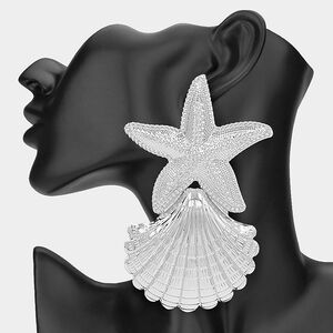 Silver Oversized Starfish Shell Dangle Earrings Sealife Beach Statement Jewelry